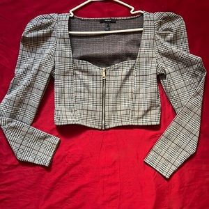 PLAID & HOUNDSTOOTH CROPPED ZIP BLAZER